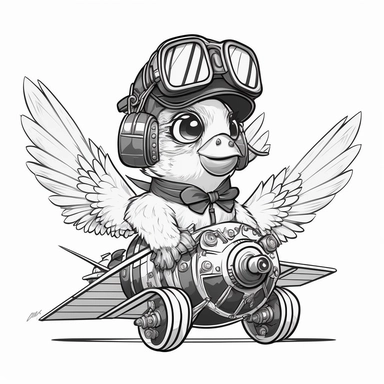 black and white hyper specialyzed coloring page for kids, chicken pilot a realistic biplane with clear background, white background, hand drawn line art, clipart, no fill, no dither