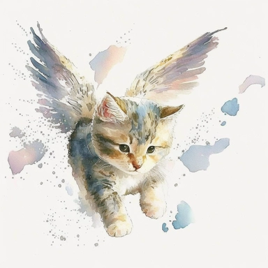 kitten with angel wings flying, cute, watercolor, white background, clipart
