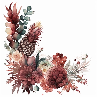 watercolor dusty burgundy floral in the far bottom left corner and far top right coner only, and pineapples in the far bottom left left corner and far up right corner only, clipart, coral, white background, no text