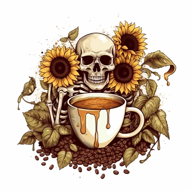 vector art of sunflowers, skulls, and coffee, flourish with coffee swirls and coffee beans clip art with white background