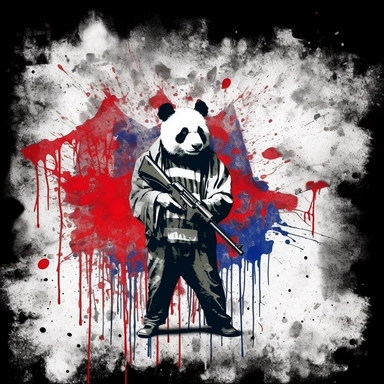 Panda dressed as a graffiti artist holding a gun black and white, silhouette of American flag background,/ clip art by Mr. Brainwash