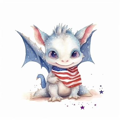 Cute happy Watercolor USA Baby Dragon Clipart, on a white background--s 1000