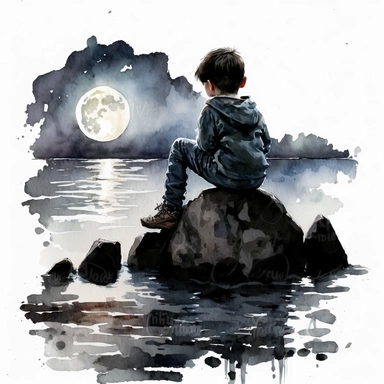 A boy is sitting on a rock watching the moonlight, Moonlight Boy, splash , watercolor by Thomas W.Schalle, clipart, white background