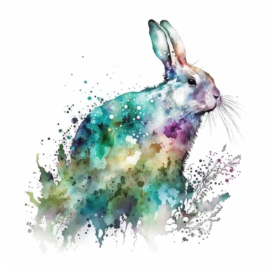 Magical bunny clipart watercolor painting chaos white background stylized