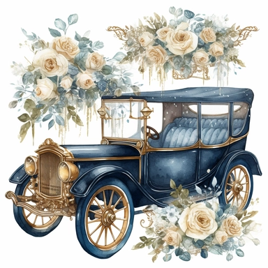 Watercolour clipart of a wedding car with gold decoration, white and blue victorian theme , wedding theme, high quality of details, white background