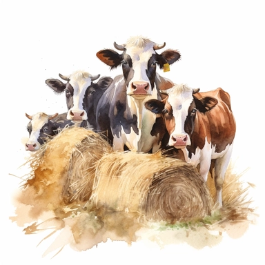 realistic watercolor drawing of a several cows eating hay from a bale in the middle of a field, on a white background where the background will be removed to repurpose as a clipart.