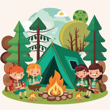 girl scout group camping fireplace tent forest mountains clipart no text