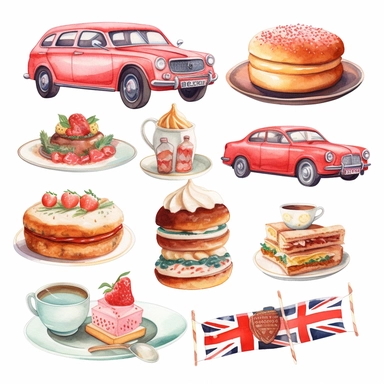 Watercolor style, union jack, cake, cars, coffee, donuts and florals variations, hyper realistic detailed clipart, on a white background