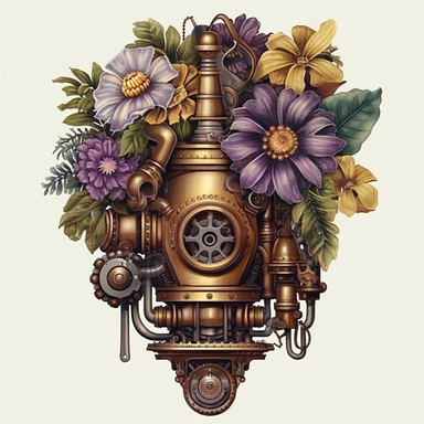 Create a captivating set of steampunk floral arrangements clipart that combines the enchanting elements of Victorian aesthetics with the futuristic allure of steampunk culture. Utilize digital illustration as the artistic medium to bring these unique compositions to life. Draw inspiration from steampunk genres, referencing the works of authors like Jules Verne and incorporating iconic steampunk imagery such as gears, clockwork mechanisms, and intricate metalwork. Embrace a vibrant color palette 