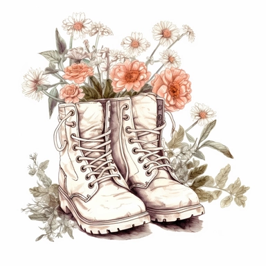 cottagecore clipart. white combat boots decorated with flowers. on a white background. cottagecore, feminine, frilly