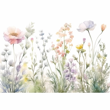Watercolor soft and dreamy tones, soft watercolours, transparency and lightness, vertical layout of a single group, cluster of wild flowers and grass , soft, tonal colors, transparency and opacity, chinese watercolor, minimal retouching , vector, contour, isolated on white background, clipart set, spaced out, aspect ratio 16: 9