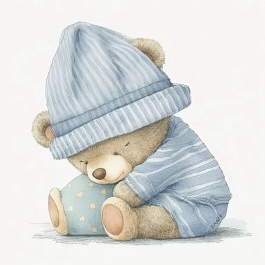 an ultra Cute little newborn baby teddy bear wearing pyjamas, #475F94 dusky blue shabby chic traditional classic striped pyjamas and a bedtime hat , watercolour, cute,, bedtime, sleepy, dreamy, isolated on white background, Clipart