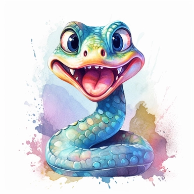 watercolor super cute snake rendered in the style of pixar cartoon, full body, shiny, sweet smile, energetic and playful, exaggerated facial expression, Delicate and exquisite, Fairytale, incredibly high detail, bright colors, natural light, solid color background, octane rendering, very popular at art stations, gorgeous, ultra wide angle, clipart