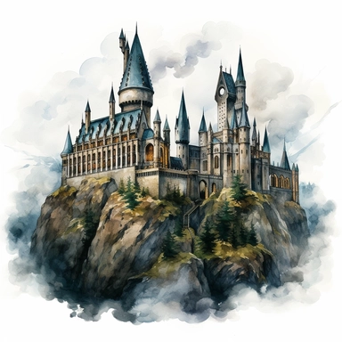 Hand drawn Vintage creepy Hogwarts Castle ,no background, watercolor, witchcraft, magical mystery art, cartoon style, very detailed, 8k ,clipart,no shadow,single design, print on demand image, PNG transparent ,white background for removing background - - no text shadow font watermark