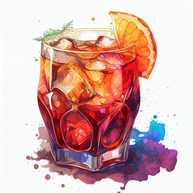 Watercolor glass of Negroni drink Clipart ,high quality, highly detailed, watercolor , hand-drawn animation , vibrant color, bright colors, romantic, , watercolor,
