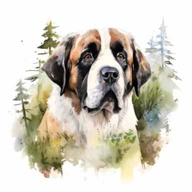 close up high detailed, Hand drawn watercolor clipart of a cute St. Bernard hunting forest, on a white background