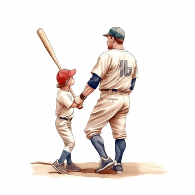 Cute Beautiful the father is playing baseball alone back view full body Sublimation Clipart,Cartoon, hyper realistic, intricate detail, illustration style,high solution,on the white background