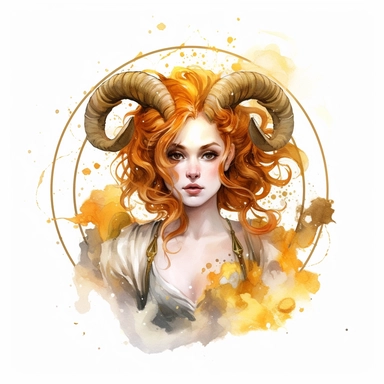 aries zodiac sign, goddess women, realistic watercolor style art, clipart, zodiac sign, epic, mystic, white background, in golden frame, detailed, 8k
