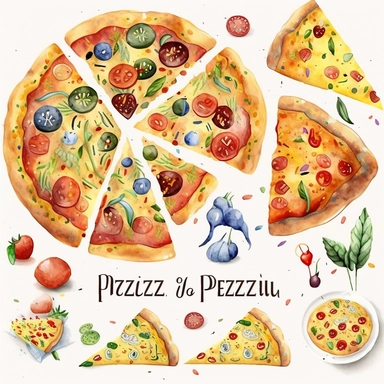 Watercolor Pizza Clipart Download - Dinner Graphics Set - Party Food - Pizza Night - Pizza Slice - Toppings - Cheese - Bell Pepper - Olives - Sausage - Mushroom - Pepperoni - Onion - Bacon - Ham - Chicken - Bunting