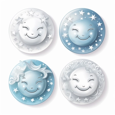 beautiful smiling moon symbols in white, pale blue and silver, white background, vector-style, clipart collection