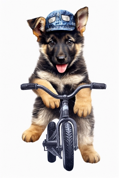 cute baby german shepherd riding a bike, unique, clipart, adorable, watercolor, realistic, 8k, high quality, no background