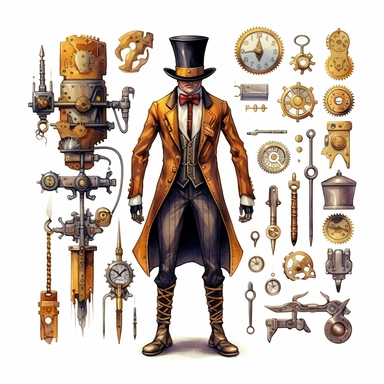 steampunk victorian prototype, full body, watercolor, gears, pinions, calipers, clocks, rivets, top hat, clipart, duo tone, realistic, ultra resolution, vivid detail, 8k, minimal watercolors, white background