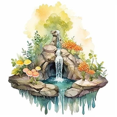 Clipart, isolated on white background, beautiful cute Watercolor Spring waterfalls through the stones, forest woodland nature landscape scenery, plants and flowers, ornated, pastel colors