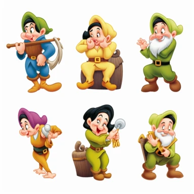 snow white and the seven dwarfs cartoon characters, in the style of highly stylized figures, pensive poses, the bechers' typologies, green and gold, uniformly staged images, energetic expressions, group f/64, disney snow white and seven dwarfs png, in the style of simplified compositions, light orange and dark green, expressive comic panels, disfigured forms, uniformly staged images, high resolution, realistic yet stylized, disney snow white characters clipart image, in the style of lively group