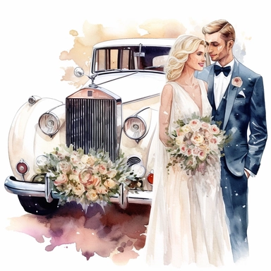 amazing detailed watercolor clipart of a beautiful smiling bride with blond hair and with a beautifully detailed glittering couture dress and a long veil and a handsome groom, standing in front of a white rolls royce car, with flowers on the car, solid white background, clean sharp focus