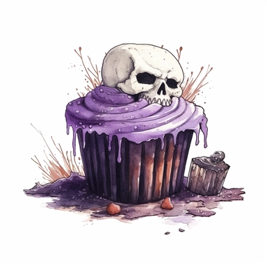delicious halloween cupcake with grave stones , watercolour illustration clipart, extremely detailed, 4k, high quality, colour scheme black, silver and purple , isolated on white background