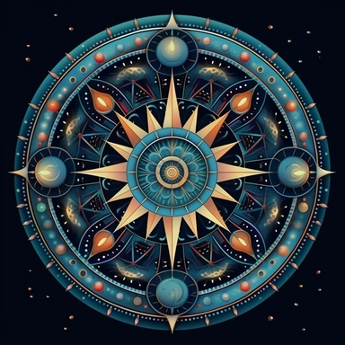 a cosmic compass mandala, clip art, isolated on navy blue