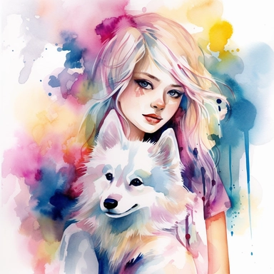 furry, female, very feminine, dynamic watercolor artwork with abstract elements and anime-inspired dog, perfect for use as clipart, The art style is energetic and lively, with a focus on bold and sweeping brushstrokes, The mood of the artwork is upbeat and optimistic, with a sense of the characters' outgoing and cheerful personalities, The lighting style is bright and vivid, with lively lighting casting a fun and playful atmosphere, T-shirt design graphic, vector, contour, white background