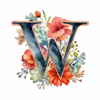typographical logo letterW serif font with floral watercolor, hand painting, ultra detail, 8k megapixel a careful touch white background for clipart