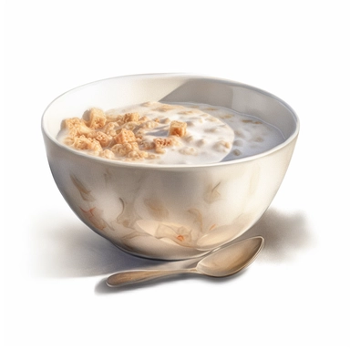 watercolor for a clipart with a white background of a bowl of cereal with milk, realism, painted by nick alm