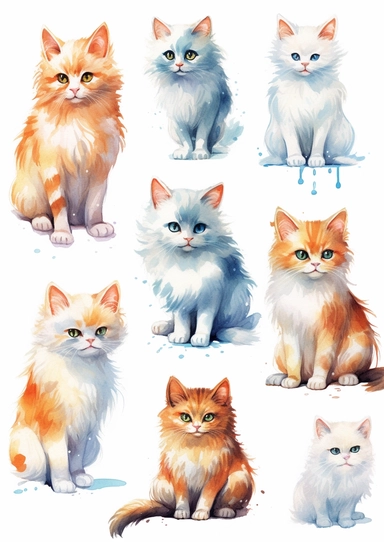 watercolor clipart cats, watercolour drawing, vector illustration, cat, dog, in the style of exquisite realism, white and amber, light red and azure, detailed character design, illustration, furry art, dutch realism