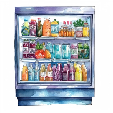 watercolor detailed illustration ofChilled drinks and beverages in a cooler in a grocery store, clipart, white background