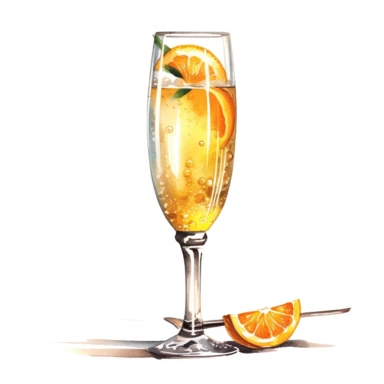 hand drawn flute of orange juice and champagne, very detailed and realistic, watercolor, white background with margins, clipart style — uplight