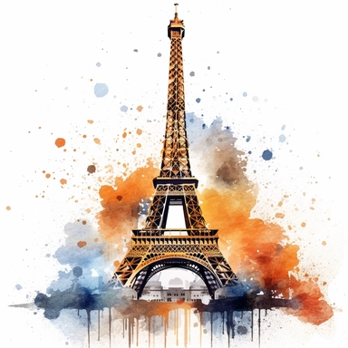 realistic and detailed eiffel tower with splash of dark watercolour in the background clipart on a white background
