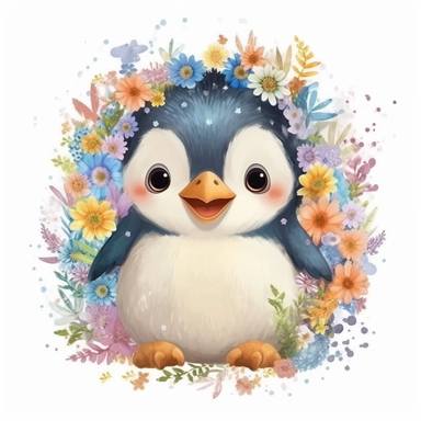 Cute floral illustration, realsitic adorable penguin swimming happy clipart, nursery style clipart, Nursery Animals Art, Kids Wall Art, Kids Room Decor, Baby Room Decor, isolated on white, ultra - detailed, high quality, ghibli style, award winning