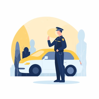 vector design, policeman next to the car, flat modern illustration, clipart, very simple picture, white background, soft gradient transition, in the style of warm color palette, natural pastel colors, in dark blue gray and pale yellow colors, object portraiture specialist, uniformly staged images, animated illustrations