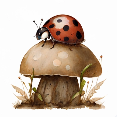 lady bug on brown mushroom, clip art, water color style, white background, no text or words
