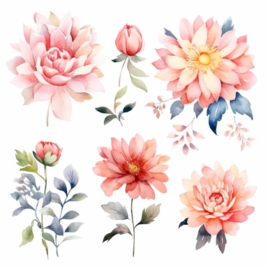 Trendy watercolor clipart featuring five exquisite flowers per picture, each blooming with vibrant colors and delicate petals. The watercolor medium lends a soft and dreamy quality to the artwork, capturing the organic beauty of these blossoms with intricate brushstrokes and blending techniques. The flowers exhibit a modern and stylish design, incorporating a harmonious blend of bold and pastel shades, creating an eye-catching visual appeal. Whether you're working on wedding invitations, fashion