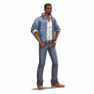 ultra realistic, hand drawn clipart, a African American dad stands tall and confident, his clean-cut appearance exuding a sense of professionalism and maturity. He is dressed in a stylish denim outfit, consisting of a well-fitted jacket and matching jeans, which accentuate his toned physique. His crisp white shirt is neatly tucked into his jeans, and his sleeves are rolled up to the elbows, revealing his muscular arms. On his feet, he wears a pair of sleek Nike sneakers, adding a touch of sporty
