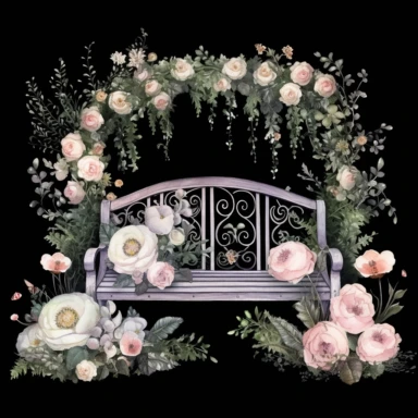 a set of unique EFFERVESCENT watercolor-style clip art images of white garden bench against a black background, The overall mood of the images should be a fantasy floral wonderland, with a focus on the beauty and fantasy of gardening and beauty, and the elegance of blush pink roses and whimsical designs. single design clip art, think French garden in the springtime, watercolor blush pink rose Garden Clipart, in the style of Leonid Afremov, each image must be on a black background with margins, e