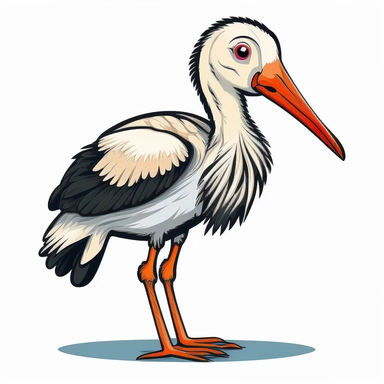 A clipart for kids with a cute baby stork animal motif in frontal view on white background. The animal motif is depicted in bold colors