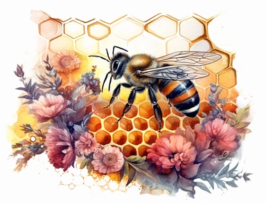 summer illustration of bee and honey combs and flowers, in watercolor styles, bright colors, white background Sublimation Clipart, hyper realistic, intricate detail, illustration style, high solution, on the white background