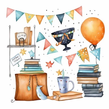 Whimsical watercolor clipart, back to school banner, set of graphics, including black board, stack of books, stationery items in a rusty cup, paint, notebook, bunting, stars and dots, white background