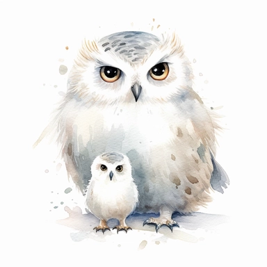 Watercolor relaistic animals, cute baby white owl with father clipart, white background, no caption, no text