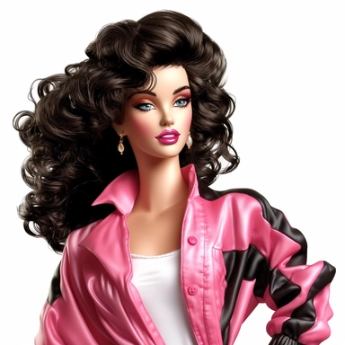 Beautiful pretty barbie doll 80's style, dark hair, paint art style, detail, clipart, white background, superrealistic, one of a kind