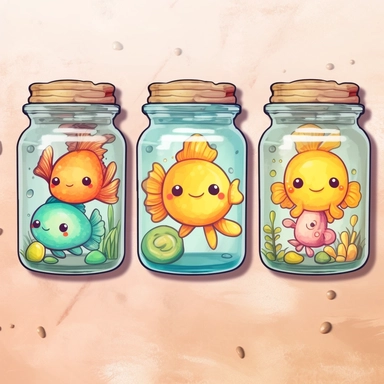 cute Aquarium jars sticker set, sticker pack, sticker sheet, character sheet, multiple stickers, Watercolor Clipart, chibi, simple, minimal art, hand-drawn, vector art, adorable, lovely, whimsical, cute and quirky, watercolor effect, bokeh, low-poly, retro aesthetic, 4K resolution, photorealistic rendering, using Cinema 4D